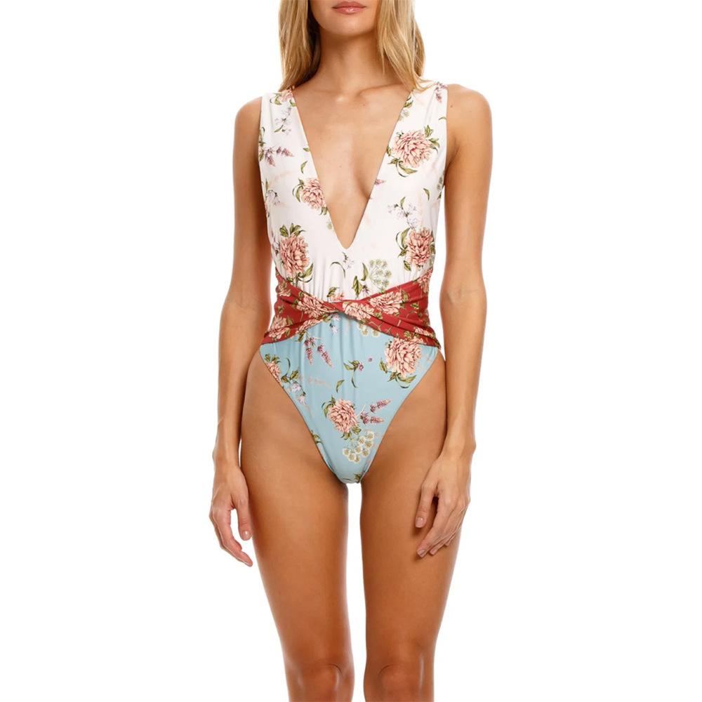 New Women Sexy V-Neck Flower Print One Piece Swimwear-The same as Picture-S-Free Shipping at meselling99