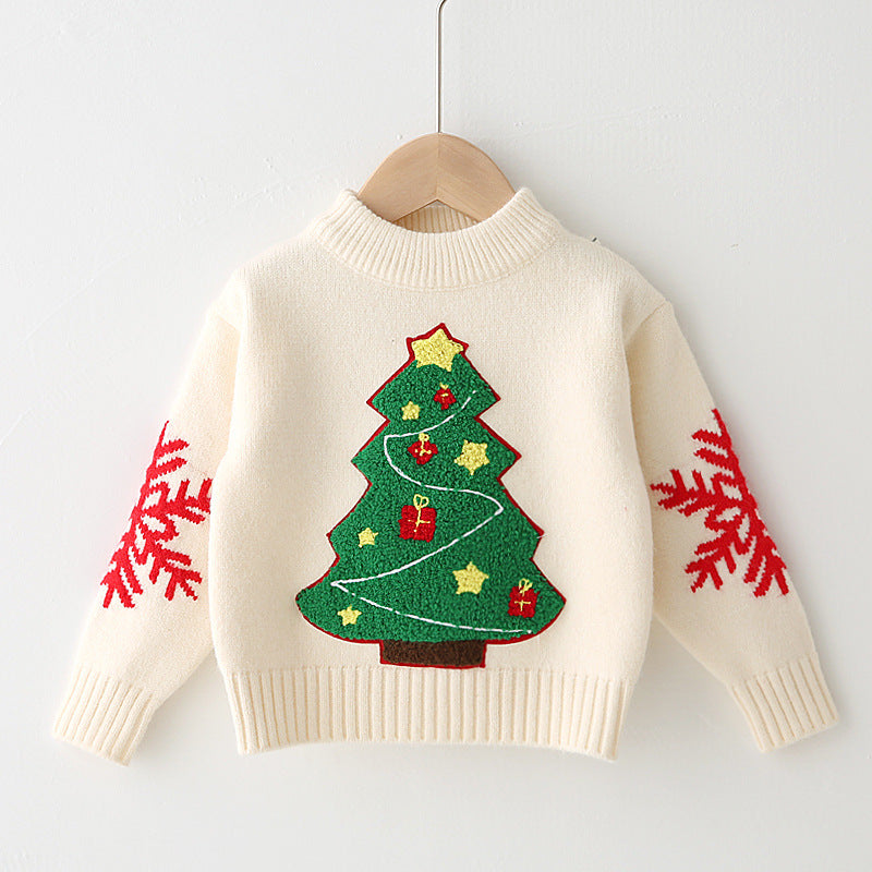 Christmas Tree Design Pullover Sweaters for Kids-Shirts & Tops-Ivory-90cm-Free Shipping at meselling99