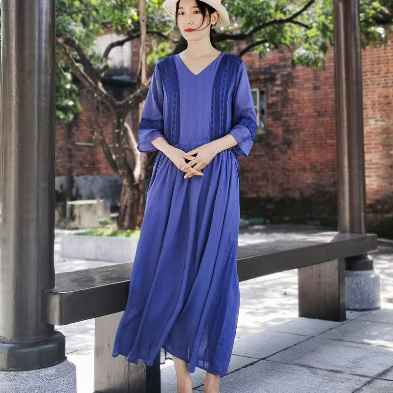 Ethnic Women Summer Linen Dresses-Dresses-Blue-L-Free Shipping at meselling99