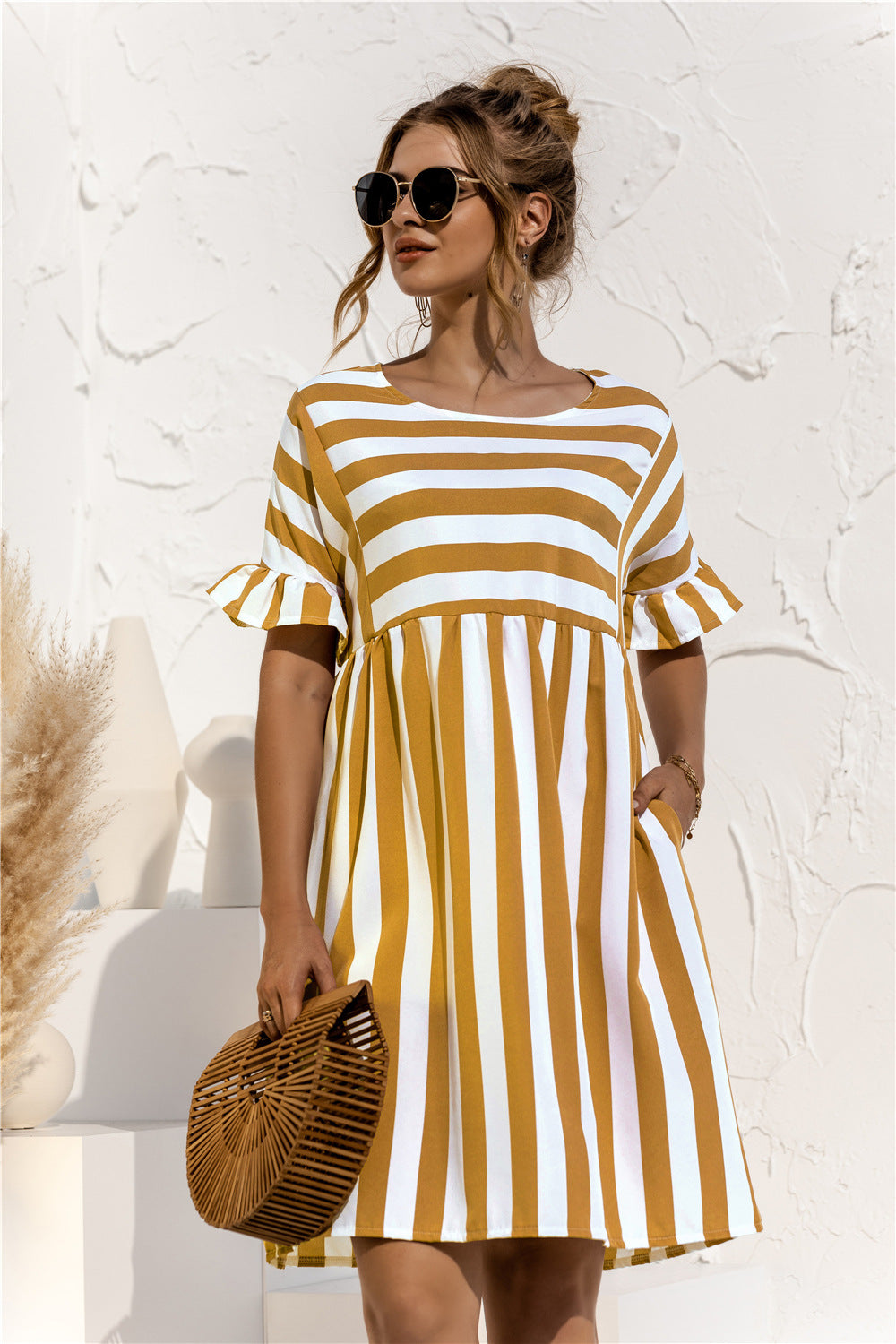 Casual Striped Short Sleeves Summer Daily Dresses-Dresses-Yellow-S-Free Shipping at meselling99