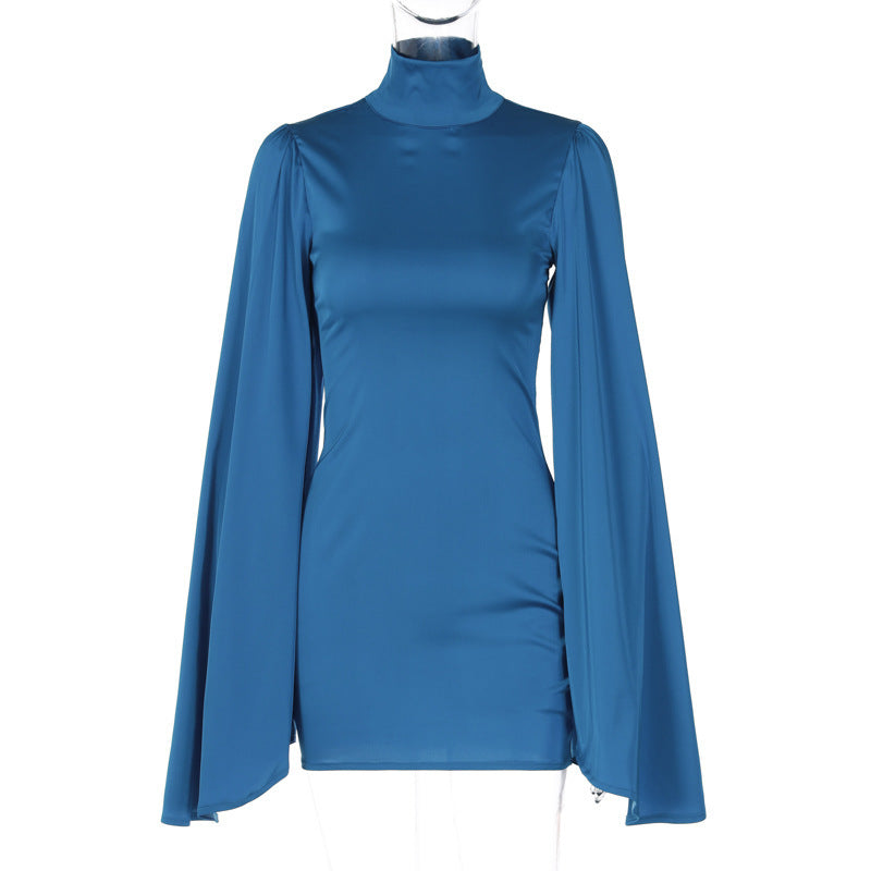 Sexy High Neck Bodycon Long Sleeves Short Dresses-Dresses-Blue-S-Free Shipping at meselling99