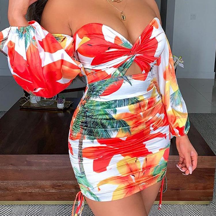 Sexy Long Sleeves One Shoulder Floral Print Mini Short Dresses-Sexy Dresses-Free Shipping at meselling99