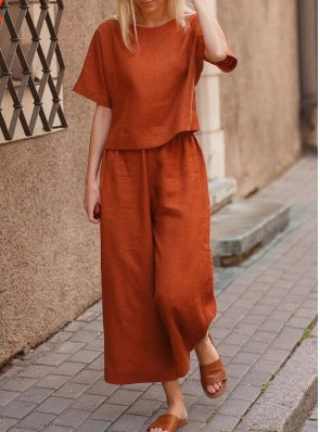 Casual Women Loose Linen Two Pieces Suits-Two Pieces Suits-Orange-S-Free Shipping at meselling99