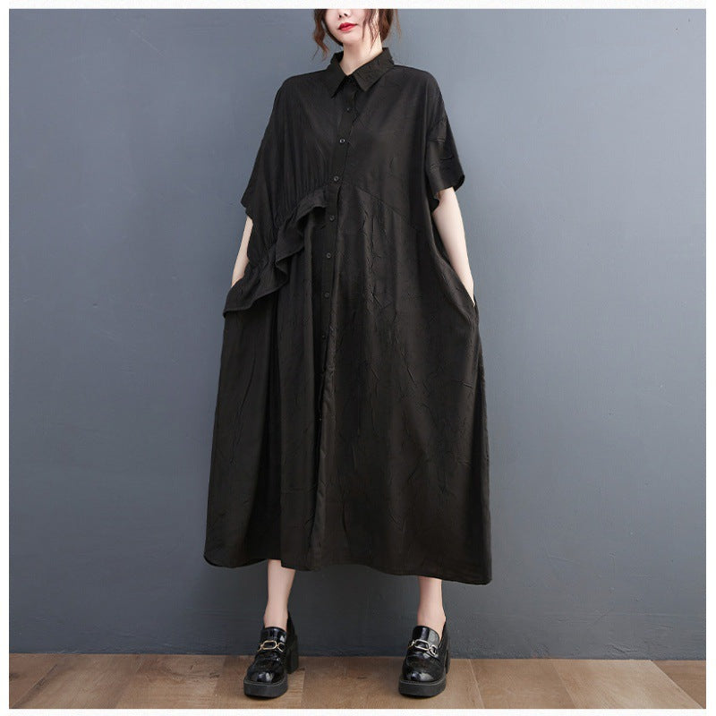 Summer Ruffled Plus Sizes Midi Shirts Dresses-Dresses-Black-One Size-Free Shipping at meselling99