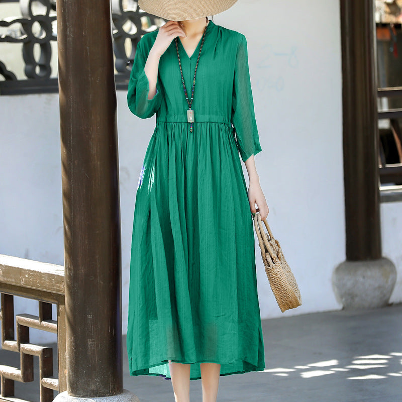 Casual Linen Half Sleeves Drawstring Long Cozy Dresses-Dresses-Green-One Size-Free Shipping at meselling99