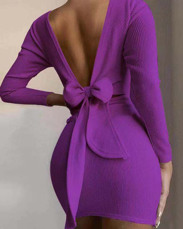 Sexy Bow Backless Knitted Mini Dresses-Dresses-Purple-S-Free Shipping at meselling99