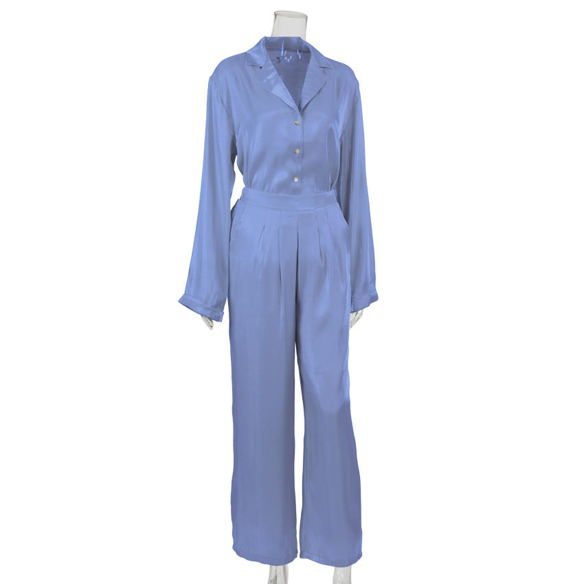 Classy Casual Women Long Sleeves Shirts and Wide Leg Pants-Suits-Blue-S-Free Shipping at meselling99