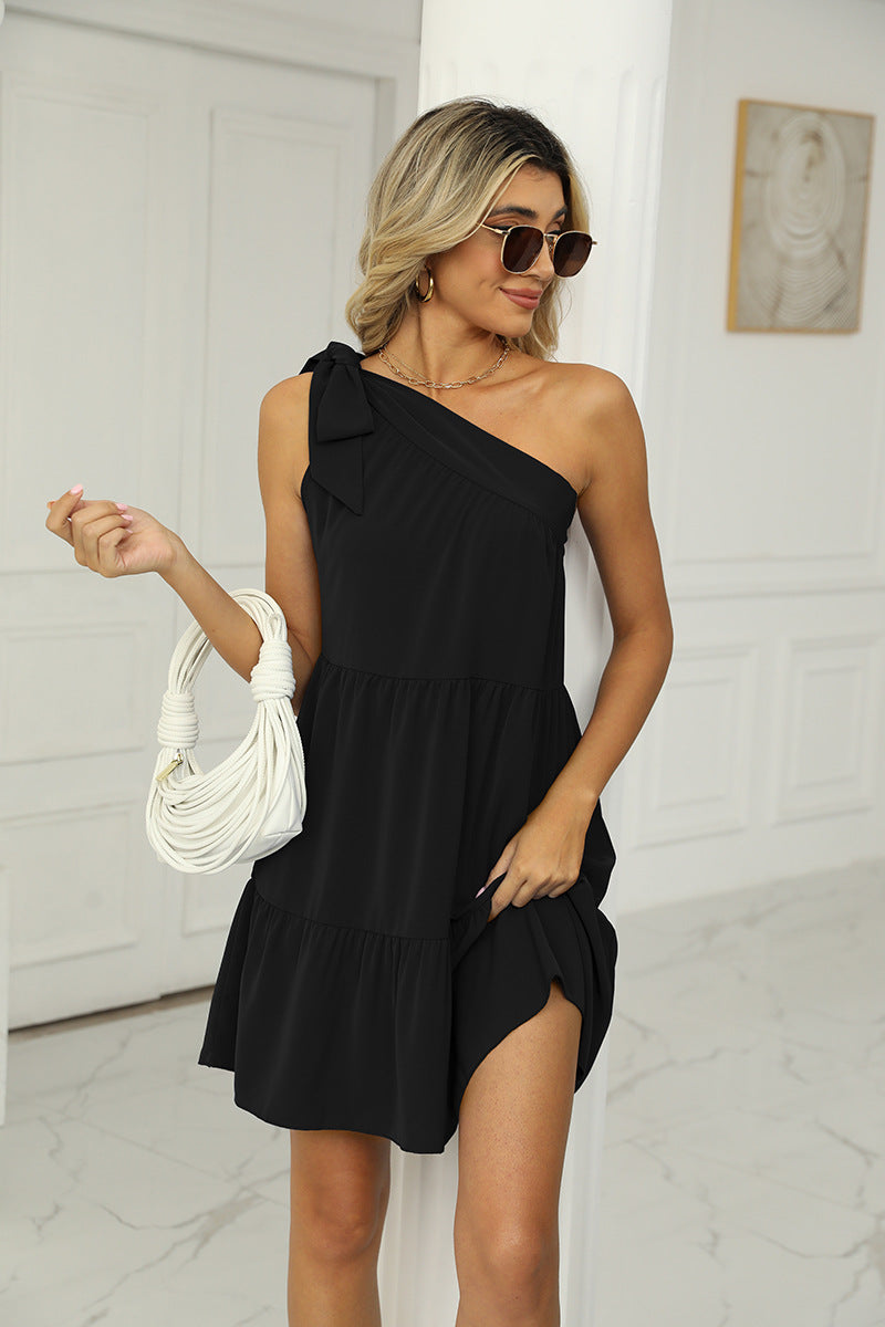 Summer Casual One Shoulder Mini Dresses-Dresses-Black-S-Free Shipping at meselling99