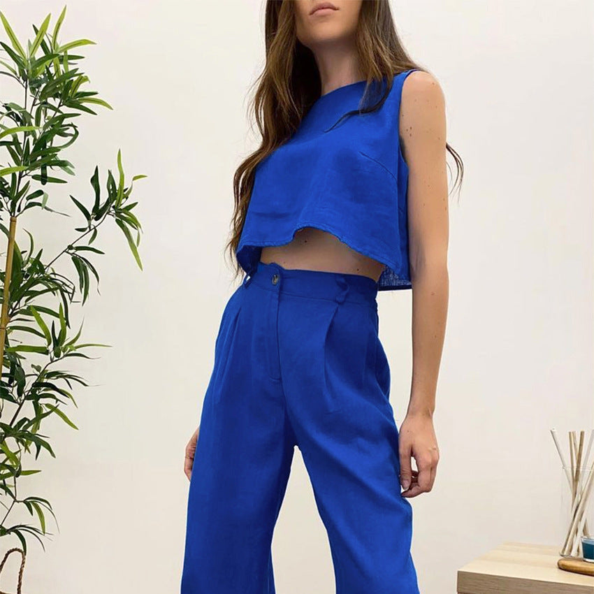 Casual Cotton Linen Sleeveless Tops & Wide Legs Pants-Suits-Blue-S-Free Shipping at meselling99