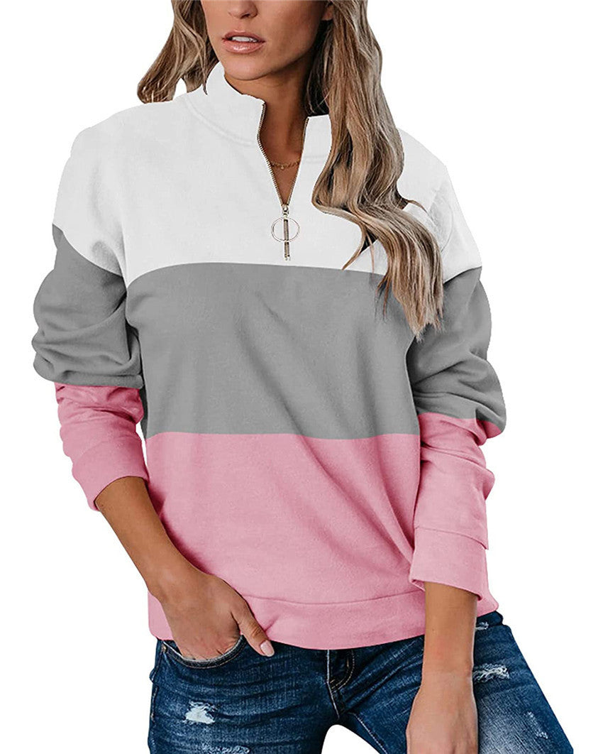 Women Casual Contrast 3 Colors Zipper Neck Fall Hoodies-Shirts & Tops-White-S-Free Shipping at meselling99