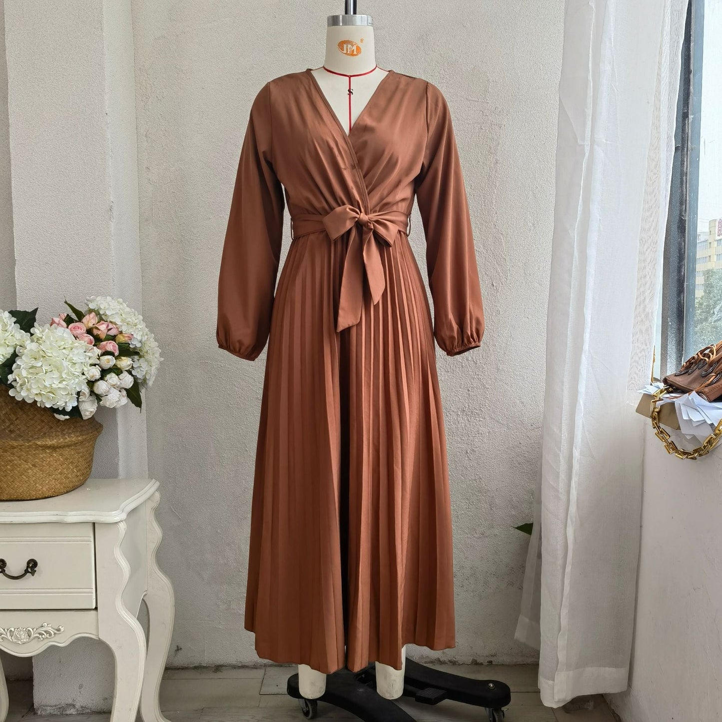 Classy V Neck Long Sleeves Midi Dresses-Dresses-Coffee-S-Free Shipping at meselling99