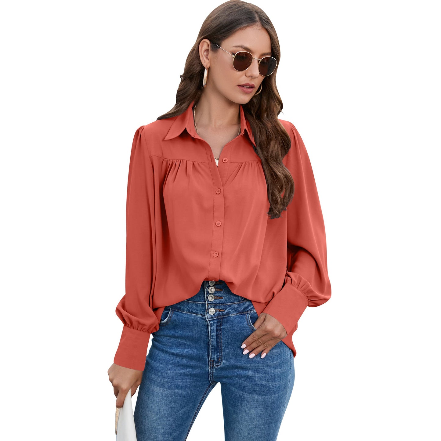 Casual Chiffon Long Sleeves Blouses for Women-Shirts & Tops-Orange-S-Free Shipping at meselling99