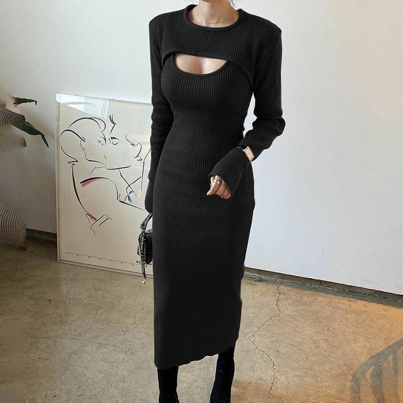 Sexy Women Kntted Cape and Slip Dresses Sets-Dresses-Black-S-Free Shipping at meselling99
