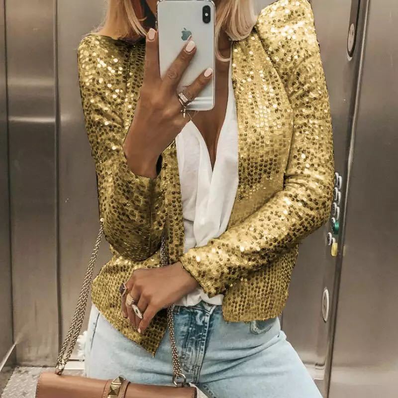 Fashion Stand Collar Sequined Short Coats for Women-Coats & Jackets-Free Shipping at meselling99
