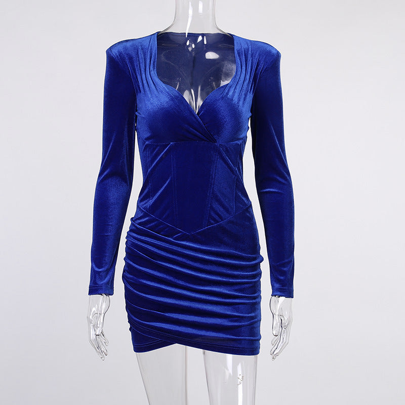 Sexy Women Slim Long Sleeves Suede Bodycon Dresses-Dresses-Blue-S-Free Shipping at meselling99