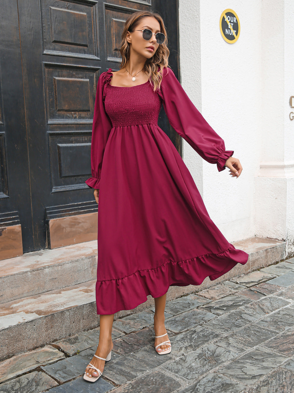Casual Ruffled Long Sleeves Fall Dresses-Dresses-Wine Red-S-Free Shipping at meselling99
