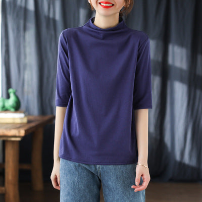 Vintage Half Sleeves Women High Neck T Shirts-Shirts & Tops-Purple-1-One Size-Free Shipping at meselling99