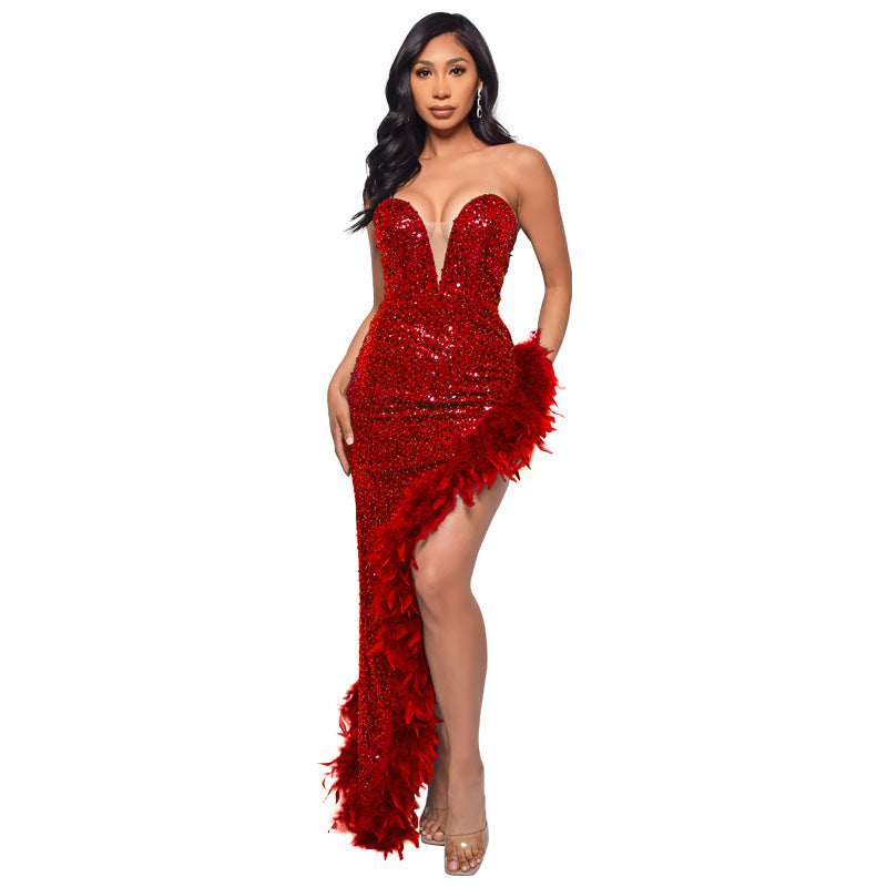 Gorgeous Strapless Sequined Feather Decoration Party Dresses-Dresses-Red-S-Free Shipping at meselling99