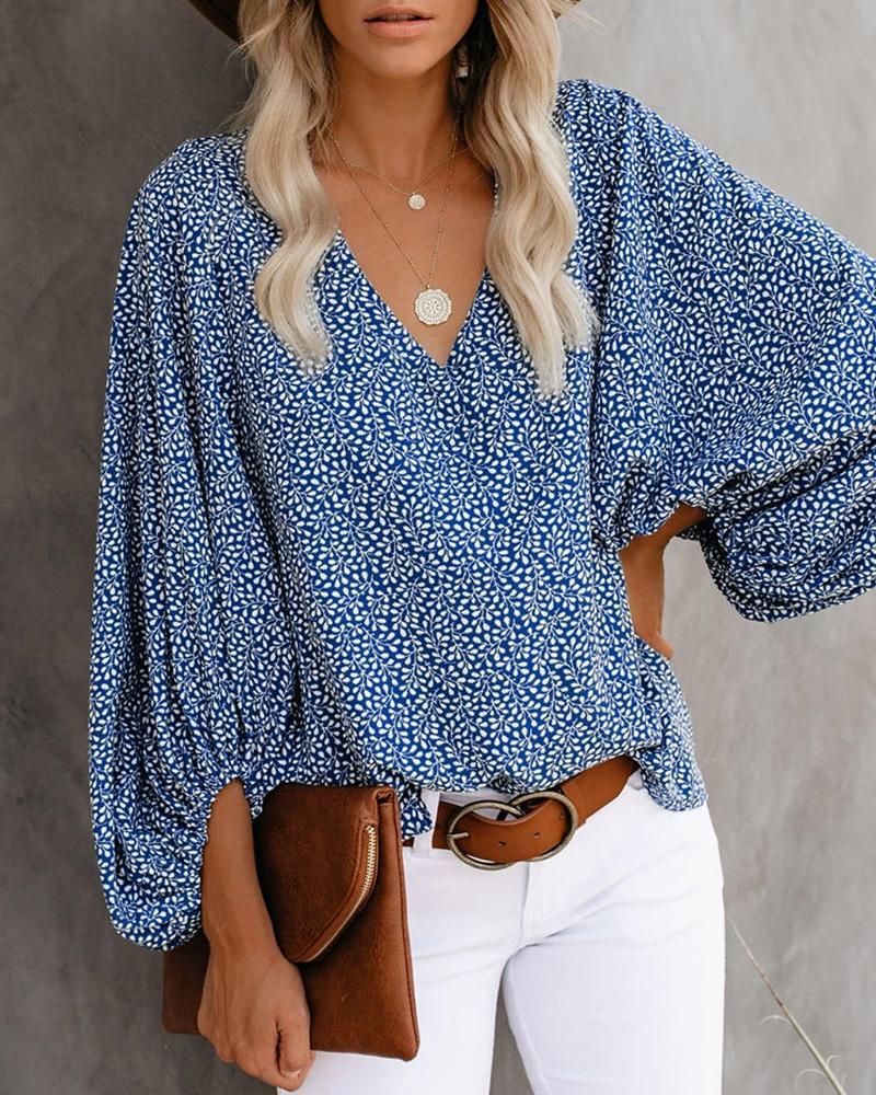 Women V Neck Shirts Blouses Tops-Blue Flower-S-Free Shipping at meselling99