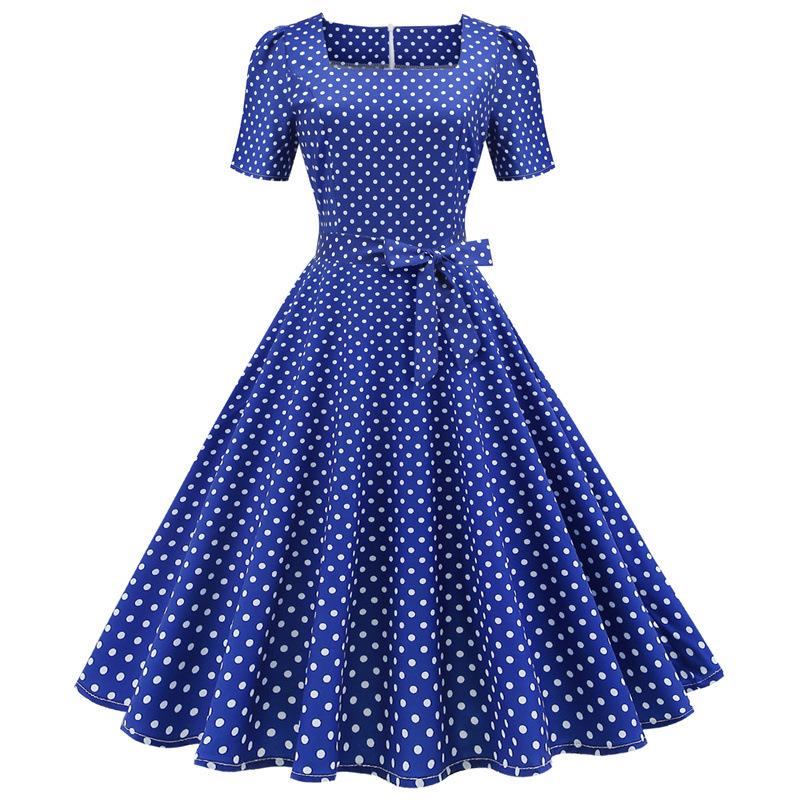 Short Sleeve Square Neckline Vintage Print Dot Dresses-Vintage Dresses-Free Shipping at meselling99