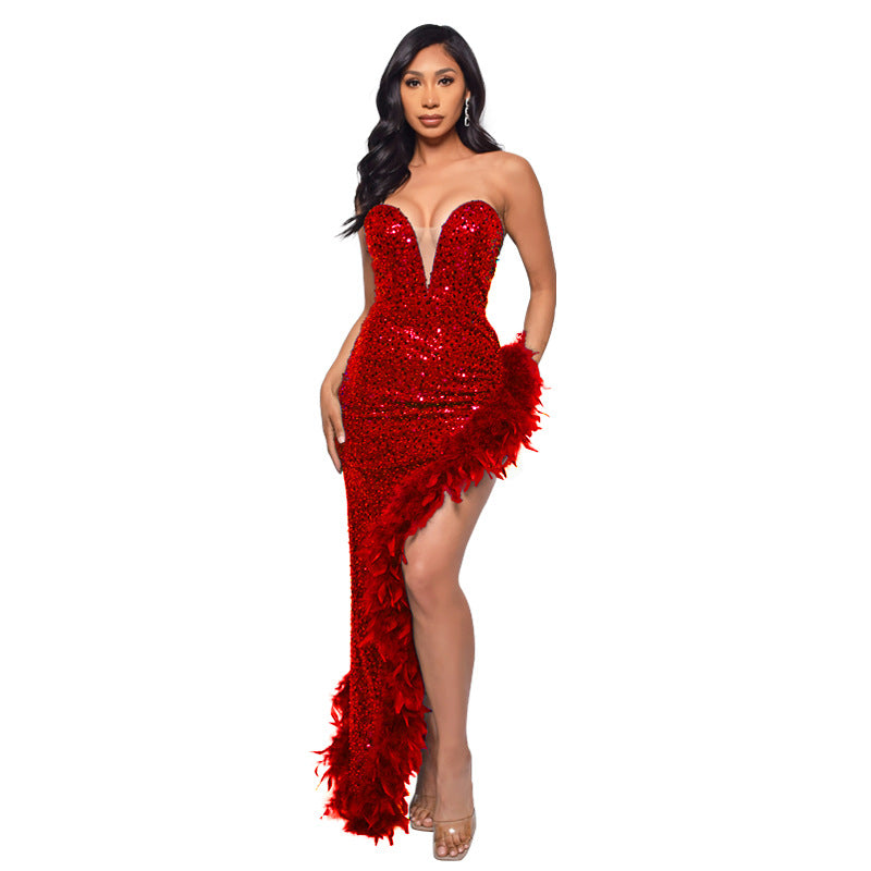 Gorgeous Strapless Feather Decoration Evening Party Dresses-Party Dresses-Red-S-Free Shipping at meselling99