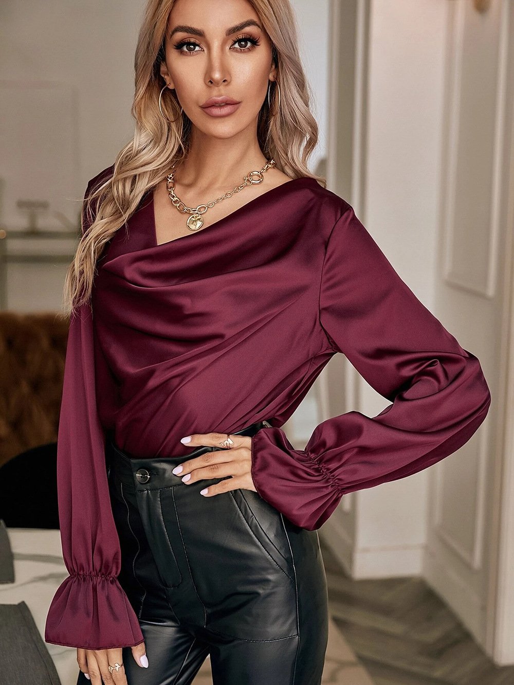 Elegant Satin Pullover Long Sleeves Women Shirts-Shirts & Tops-Wine Red-S-Free Shipping at meselling99