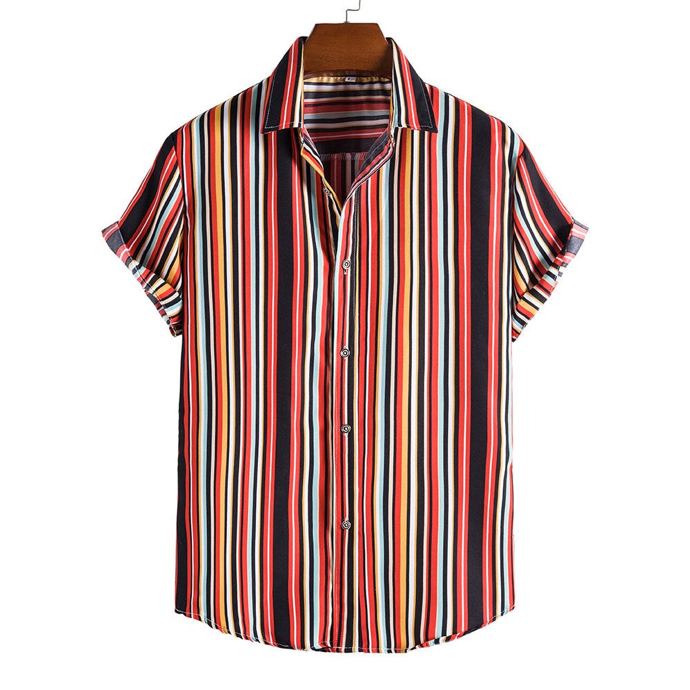 Red Striped Summer Casual Men's Short Sleeve Shirts-Shirts & Tops-Free Shipping at meselling99