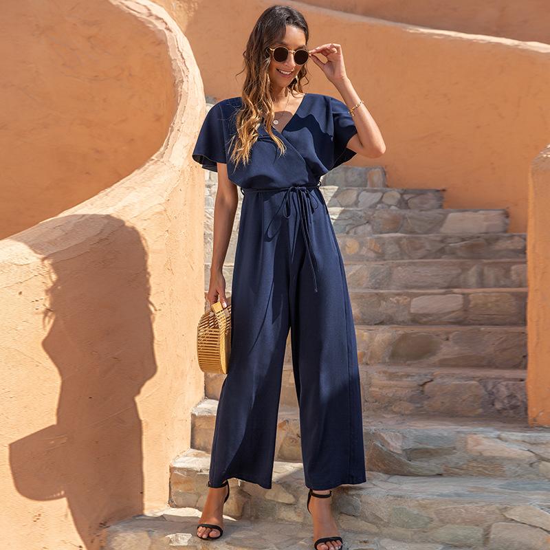 Fashion Women V-neck Casual High Waist Loose Summer Jumpsuits--Free Shipping at meselling99