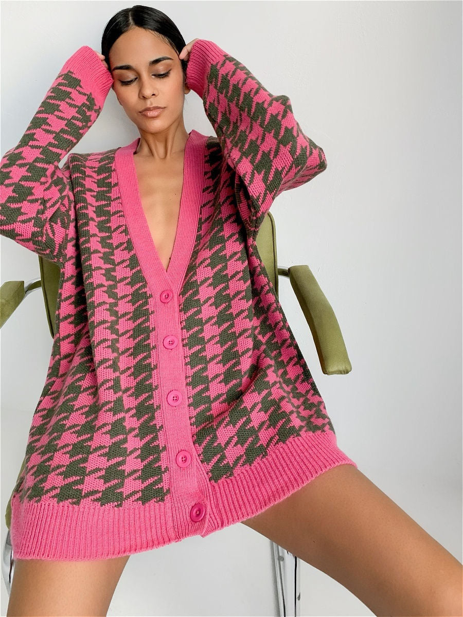 Women V Neck Knitted Plaid Long Sleeves Cardigan Overcoat-Women Sweaters-Rose Red-S-Free Shipping at meselling99