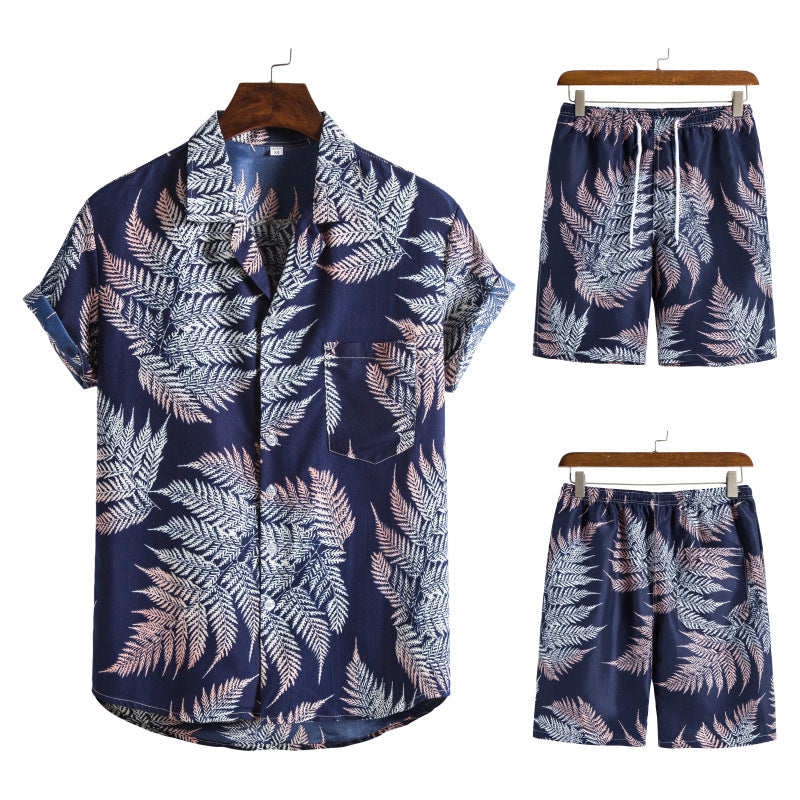 Summer Hawaii Floral Men‘s Beach Sets-Suits-TZ04-Navy Blue-M-Free Shipping at meselling99