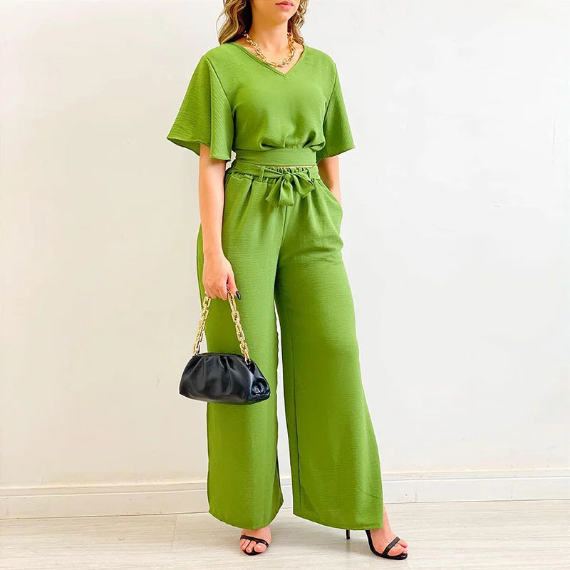 Casual Summer Wide Legs Women Suits-Suits-Green-S-Free Shipping at meselling99