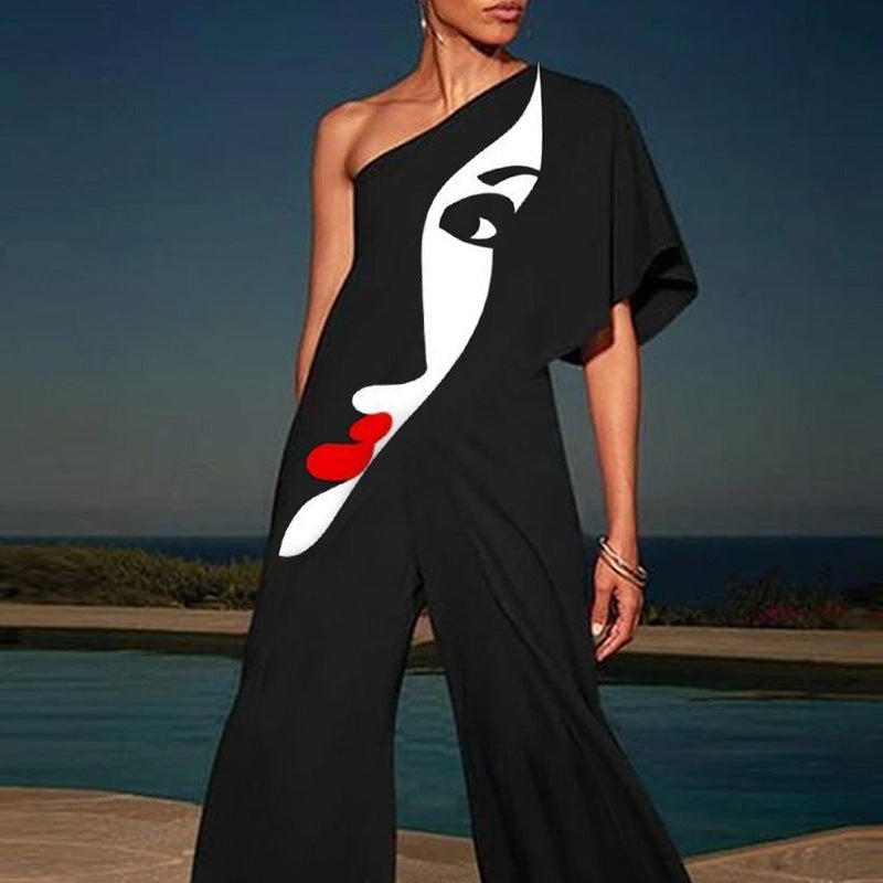 New Summer Fashion Face Print One Shoulder Jumpsuits-Jumpsuits-Free Shipping at meselling99