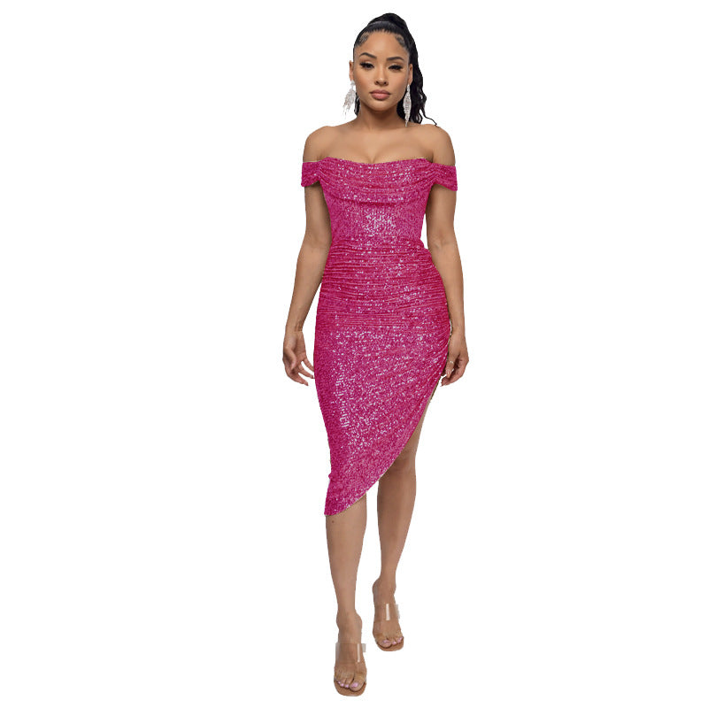 Sexy Off The Shoulder Sequined Mini Cocktail Dresses-Dresses-Rose Red-S-Free Shipping at meselling99