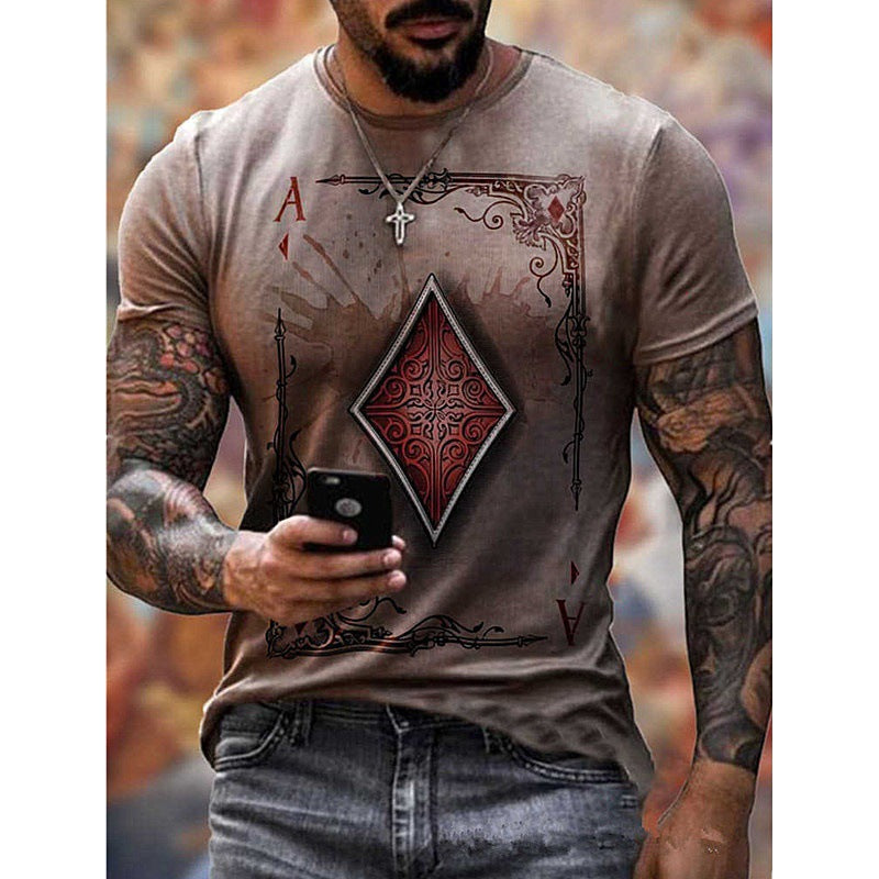 Summer 3D Poker Design Casual Short Sleeves T Shirts-Men T Shirts-Khaki-M-Free Shipping at meselling99