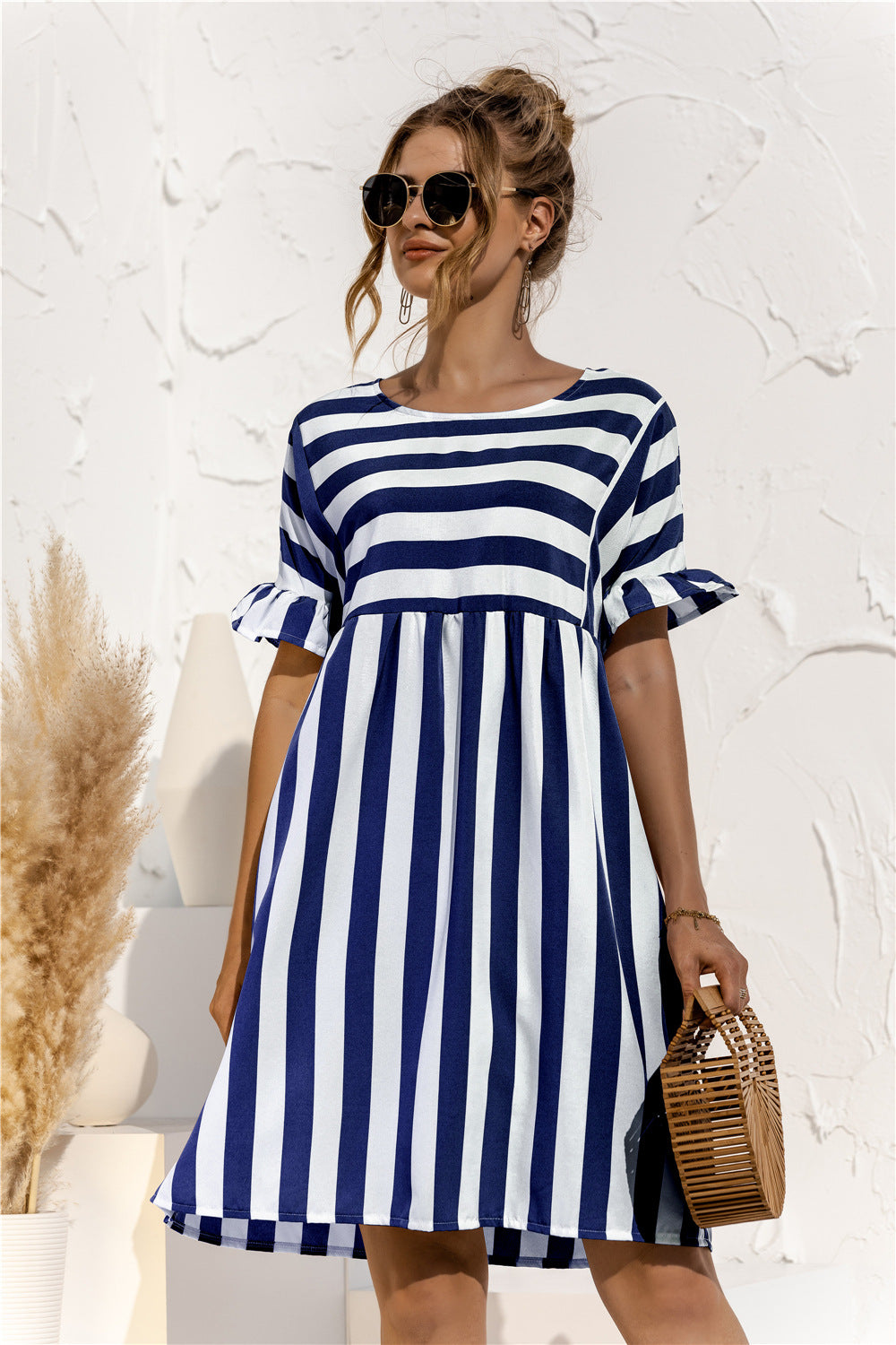 Casual Striped Short Sleeves Summer Daily Dresses-Dresses-Navy Blue-S-Free Shipping at meselling99