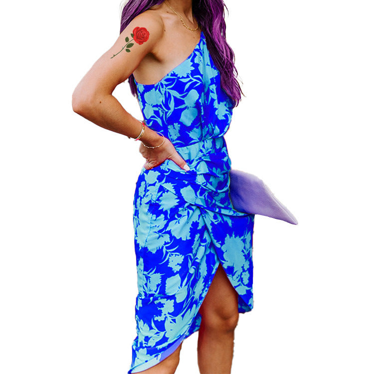 Summer One Shoulder Bodycon Midi Dresses-Sexy Dresses-Blue-S-Free Shipping at meselling99