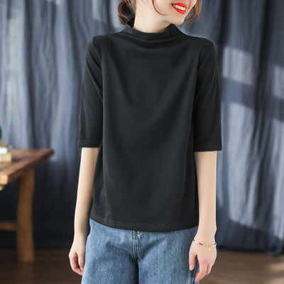 Vintage Half Sleeves Women High Neck T Shirts-Shirts & Tops-Black-One Size-Free Shipping at meselling99
