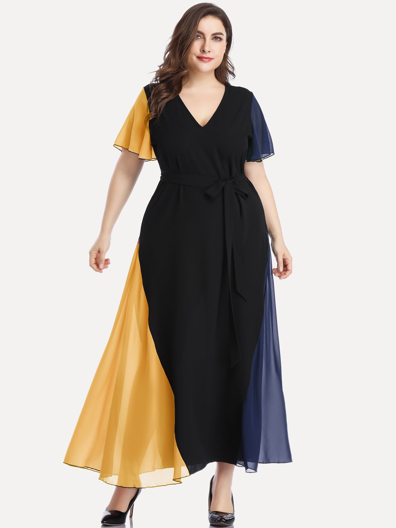 Plus Sizes Fashion Chiffon Women Long Maxi Dresses-Plus Size Dresses-Yellow-1XL-Free Shipping at meselling99