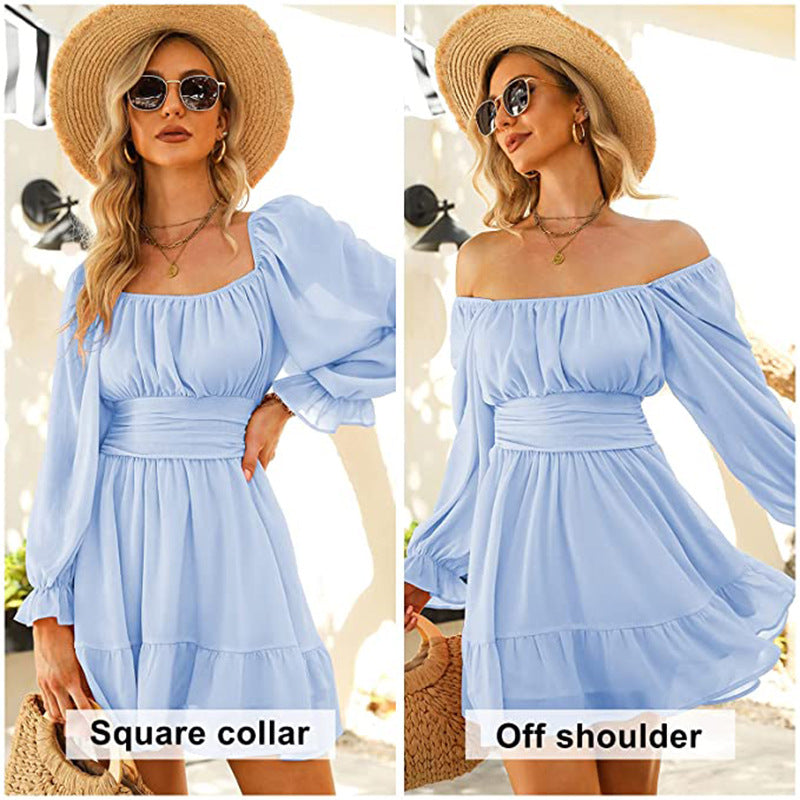 Chiffon Square Neckline Summer Daily Dresses-Dresses-浅蓝色-S-Free Shipping at meselling99