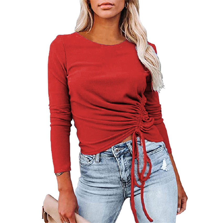 Women Sexy Round Neck Drawstring Long Sleeves T Shirts-Shirts & Tops-Red-S-Free Shipping at meselling99
