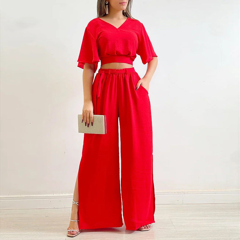 Casual Summer Wide Legs Women Suits-Suits-Red-S-Free Shipping at meselling99