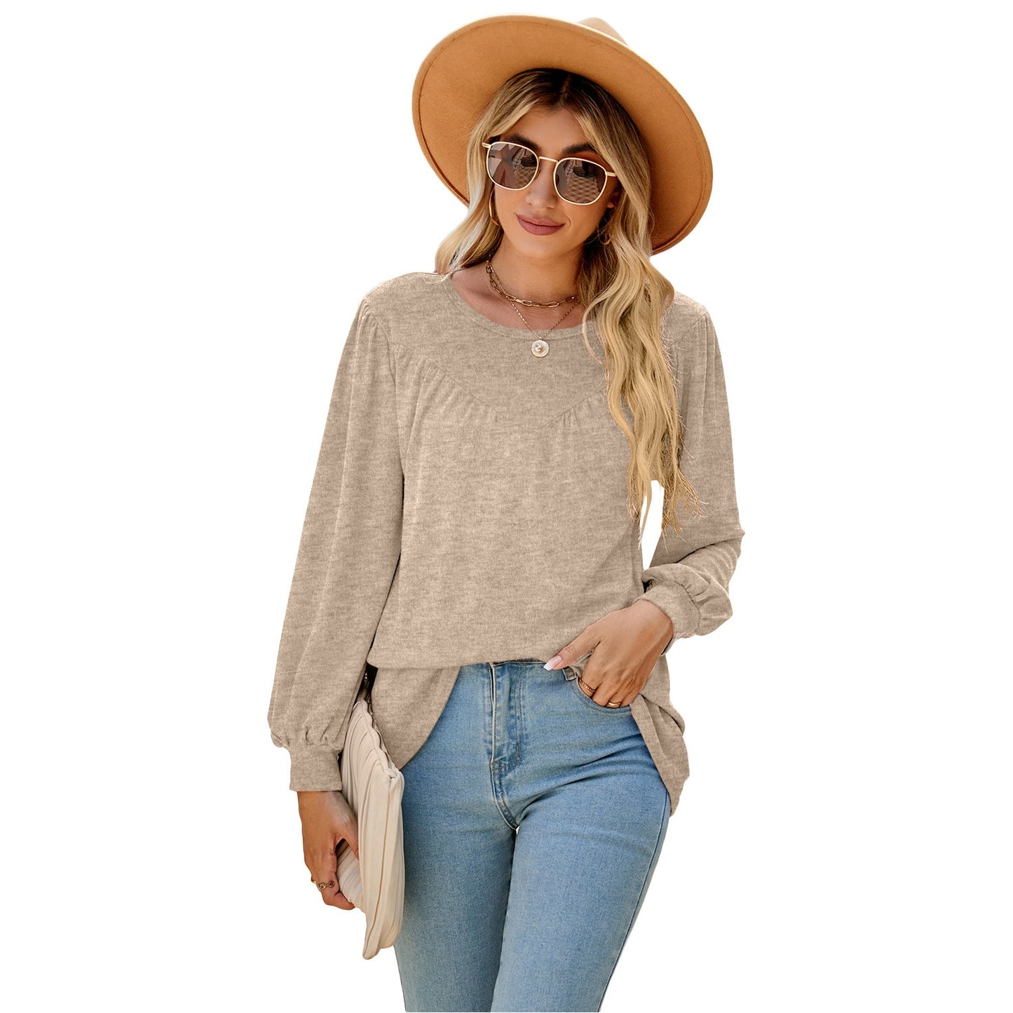 Casual Long Sleeves T Shirts for Women-Shirts & Tops-Apricot-S-Free Shipping at meselling99