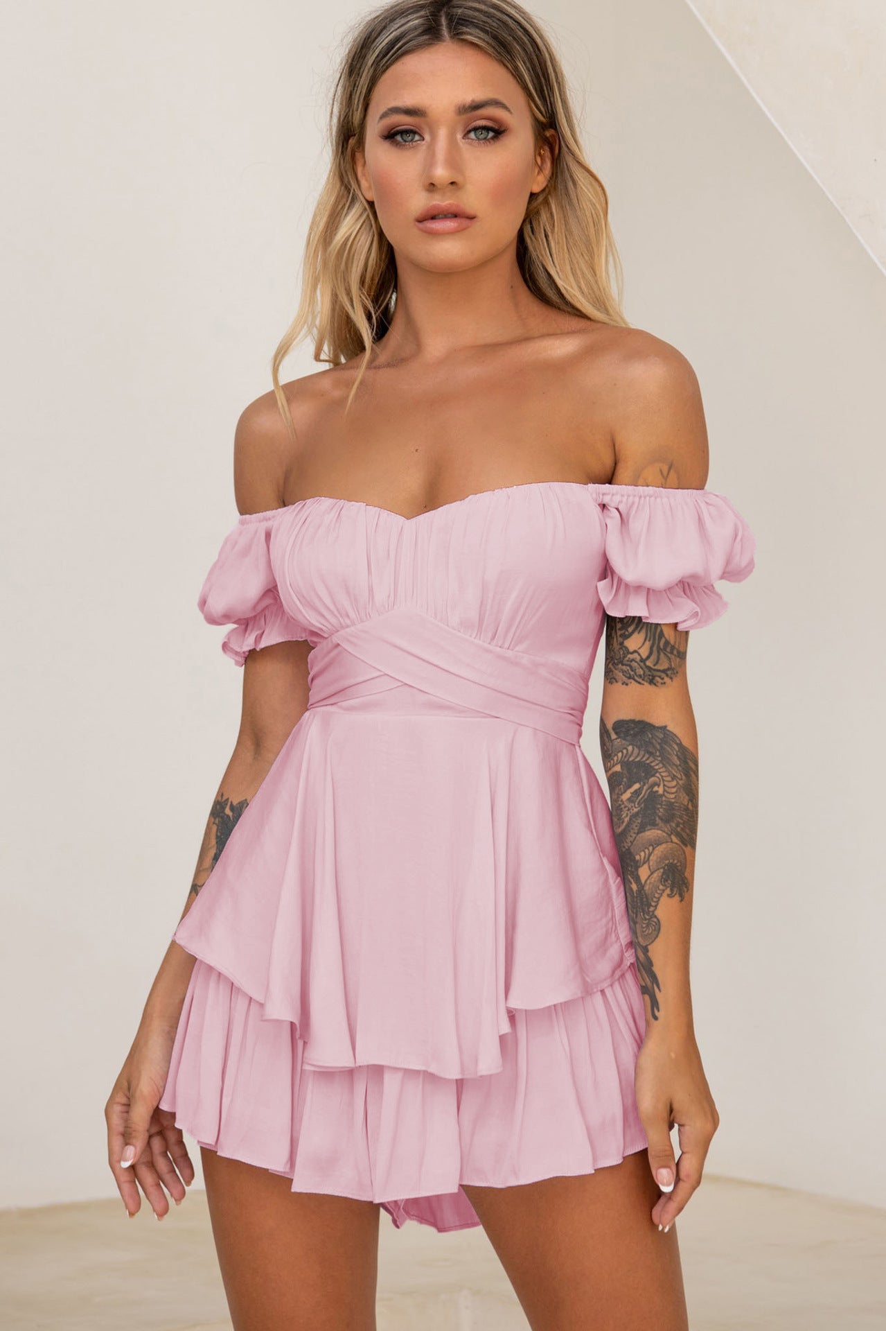 Sexy Off The Shoulder Bandage Short Jumpsuits-Dresses-Pink-S-Free Shipping at meselling99
