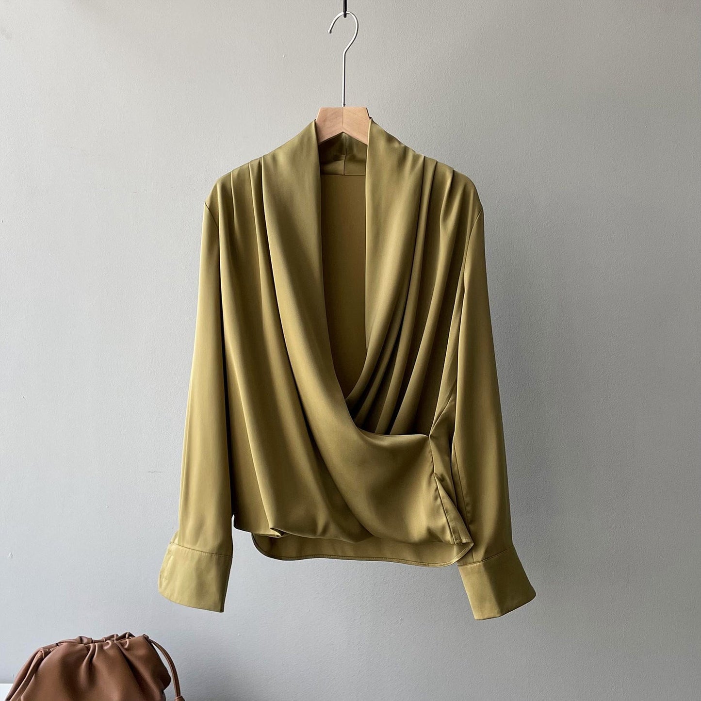 Elegant Satin Long Sleeves Office Lady Shirts-Shirts & Tops-Green-M-Free Shipping at meselling99