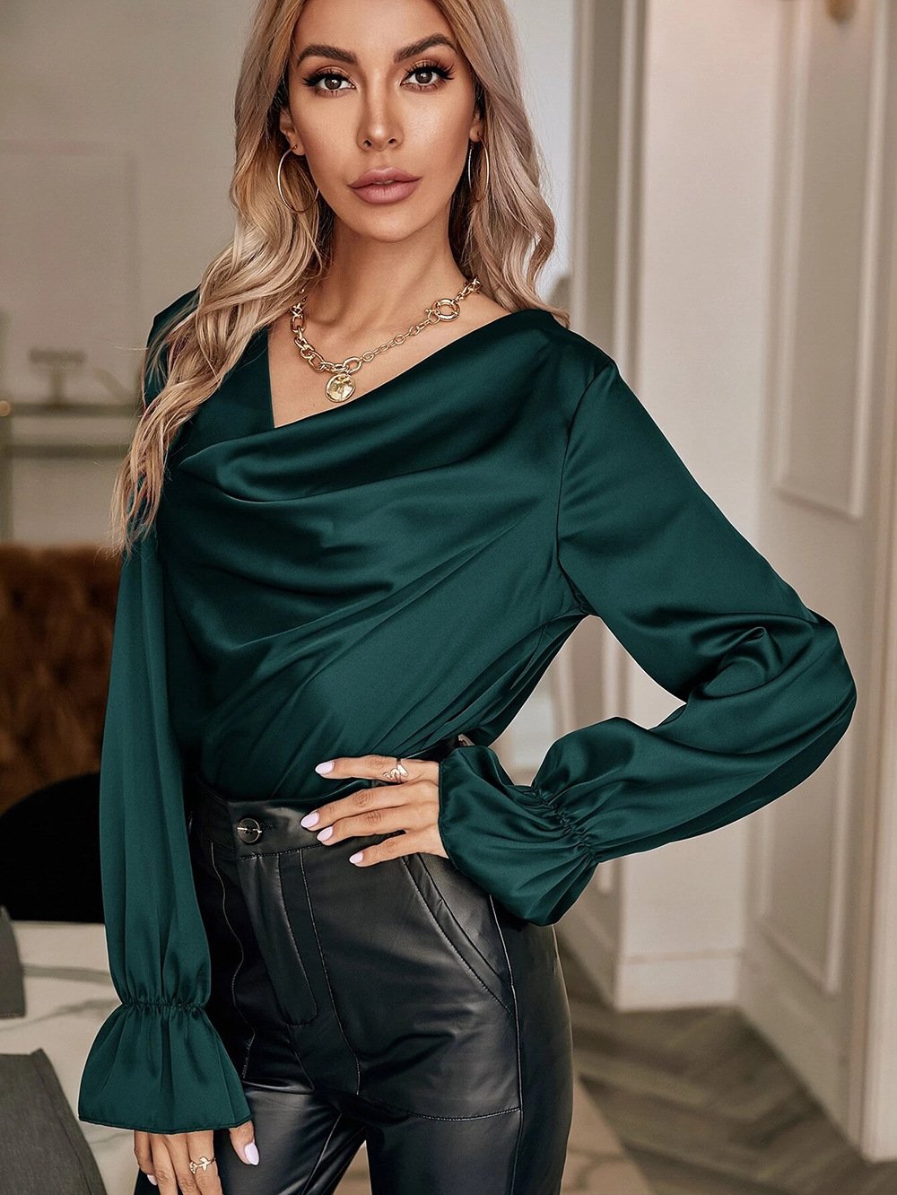 Elegant Satin Pullover Long Sleeves Women Shirts-Shirts & Tops-Green-S-Free Shipping at meselling99