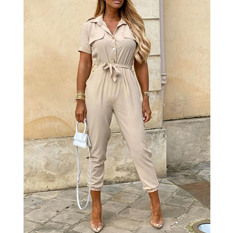 Summer Turnover Collar Leisure Jumpsuits-Ivory-S-Free Shipping at meselling99