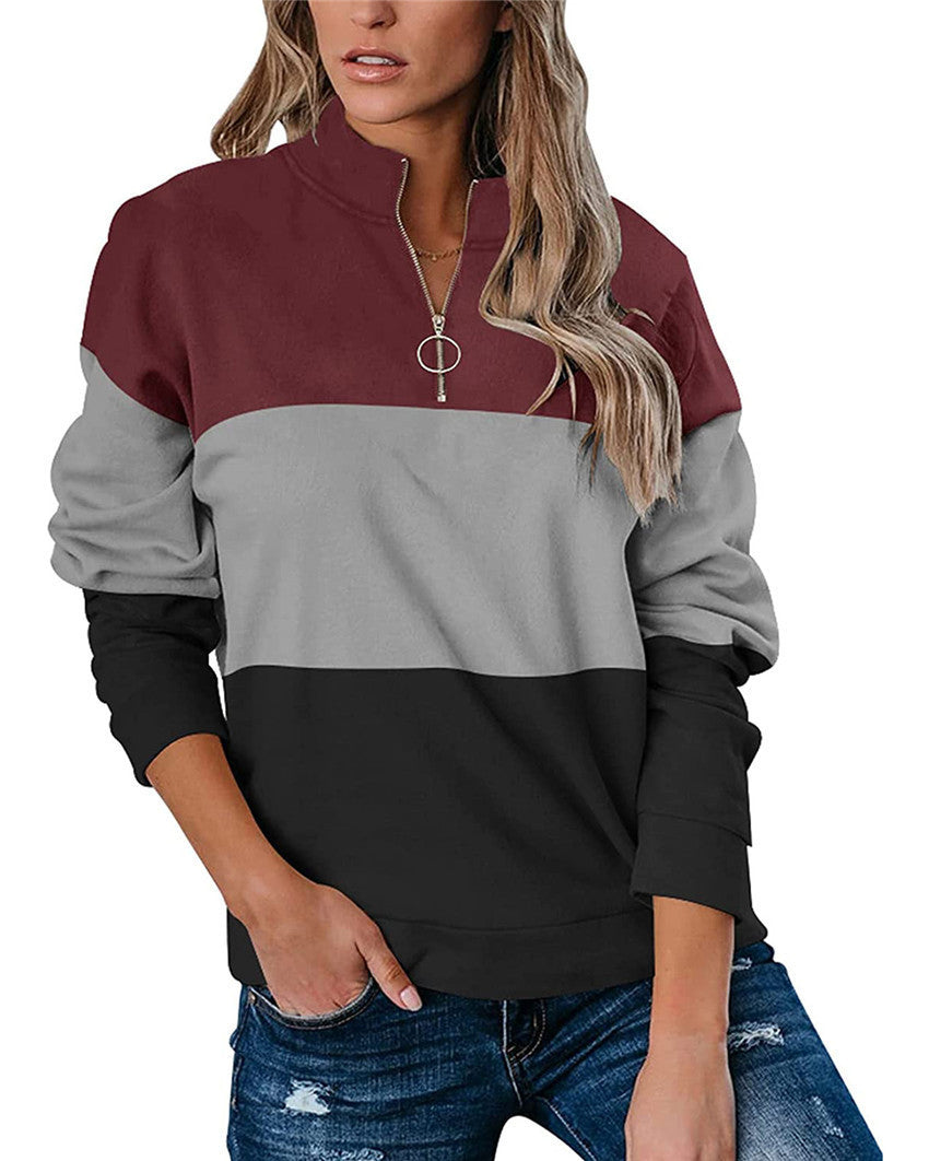 Women Casual Contrast 3 Colors Zipper Neck Fall Hoodies-Shirts & Tops-Red-S-Free Shipping at meselling99