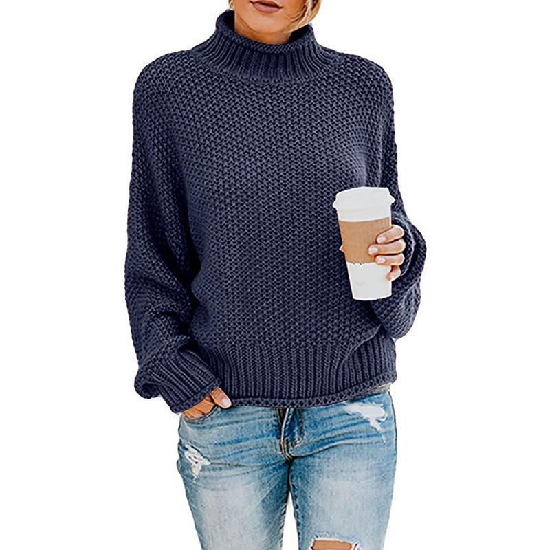 Fashion Leisure Turtleneck Pullover Sweaters-Women Sweaters-Dark Blue-S-Free Shipping at meselling99