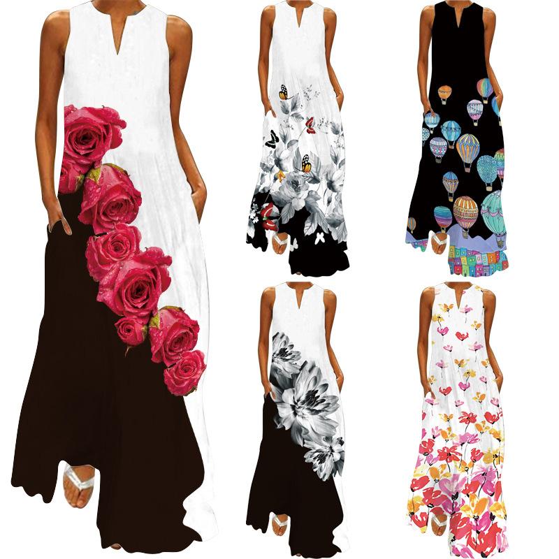 Women Plus Sizes Sleeveless Floral Print Summer Long Maxi Dresses-MaxI Dresses-Free Shipping at meselling99