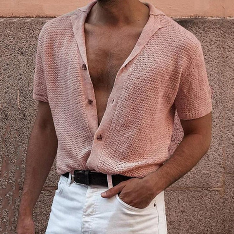 Summer Knitted T Shirts for Men-Shirts & Tops-Pink-M-Free Shipping at meselling99
